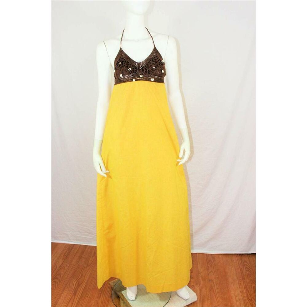 Vtg 60s Lemon Crochet Shell Hawaiian Maxi Dress